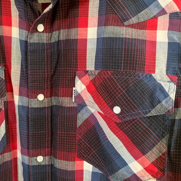 LEVI’S western plaid Pearl snap shirt blue Red White Plaid sz L button down EUC - Picture 7 of 11